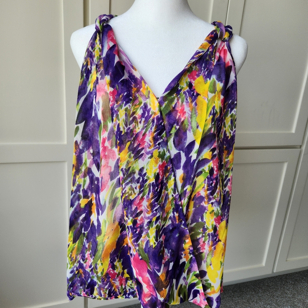 Cabi Pretty Summer Floral Sheer Blouse Faux Wrap Sleeveless Tank Top Small